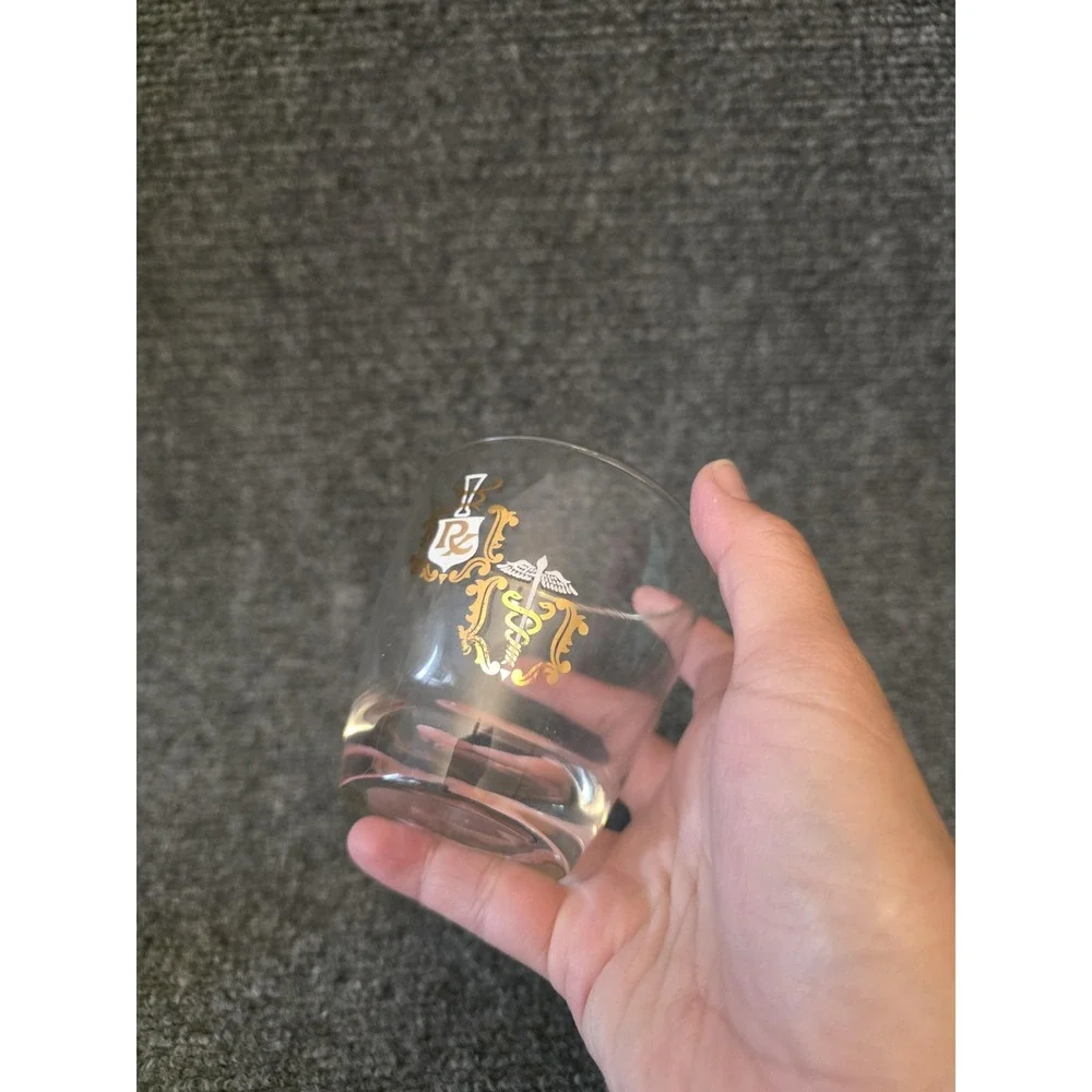 Vtg Shot‎ Glass Rx Caduceus Crest Gold Trim Set Of 2